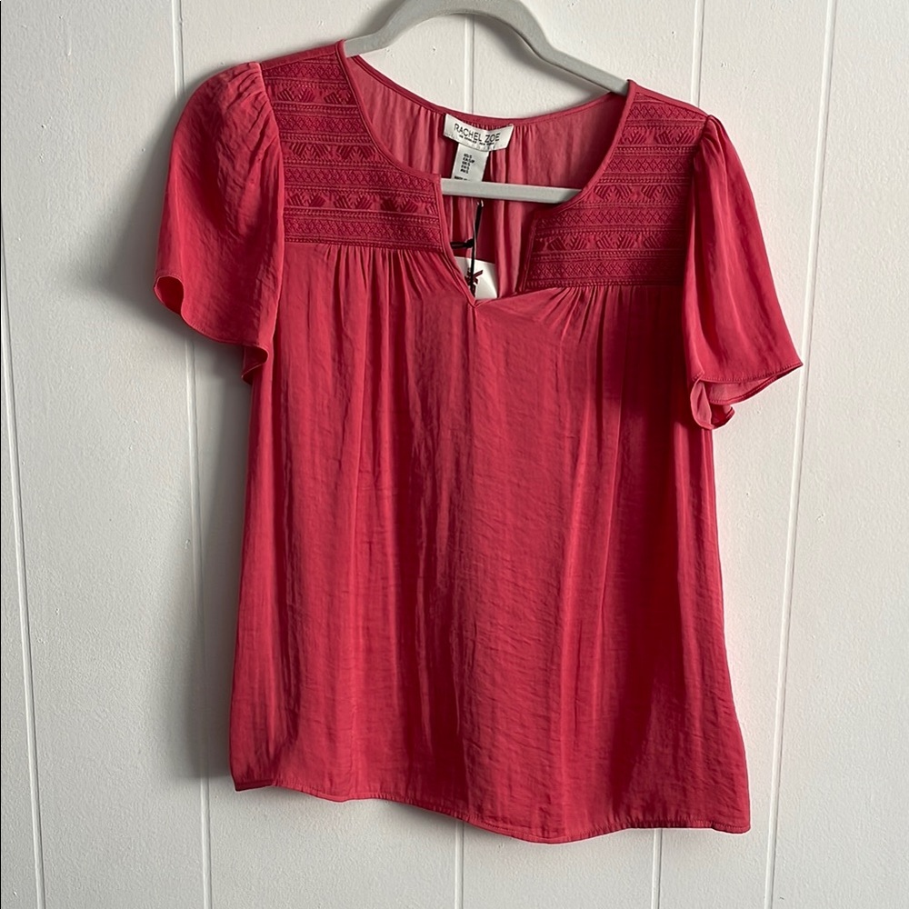 Rachel Zoe Coral Pink Embroidered Flutter-Sleeve Blouse